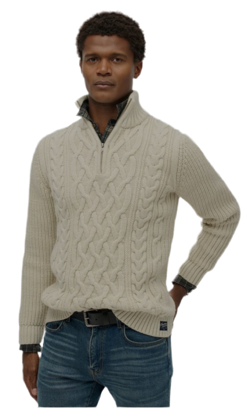 M6110639A - JACOB CABLE KNIT HALF ZIP - ECRU