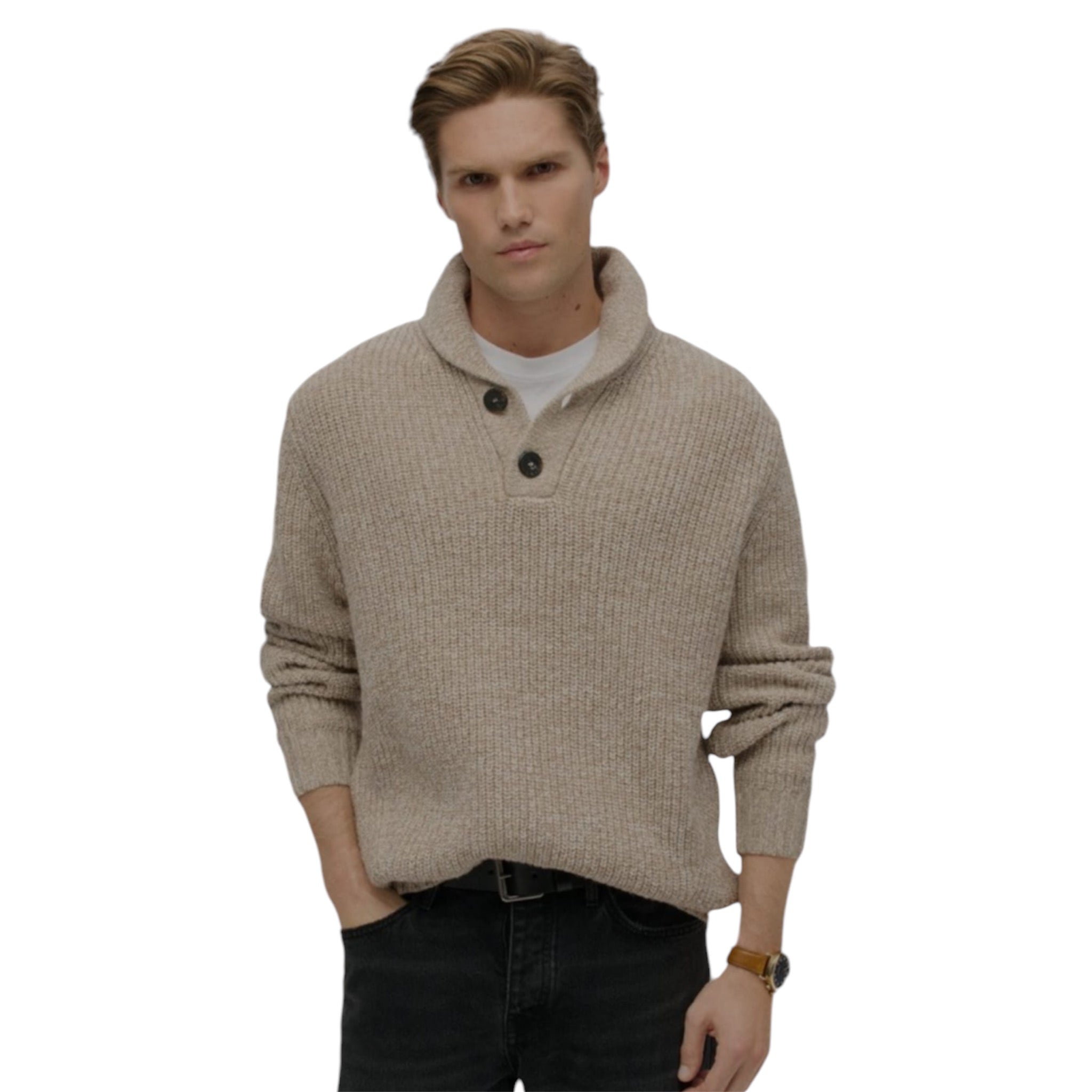 M6110620A - SHAWL COLLAR JUMPER - DESERT TAUPE BEIGE MARL 