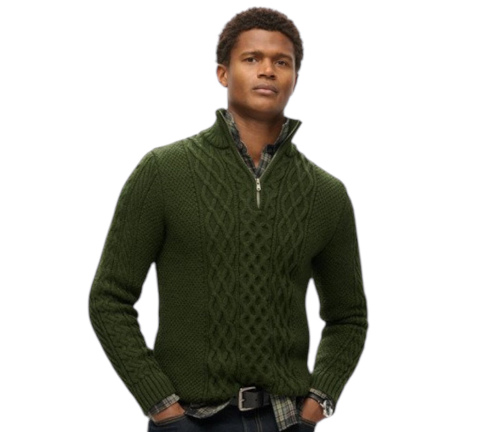 M6110639A - JACOB CABLE KNIT HALF ZIP - DUFFLE BAG GREEN