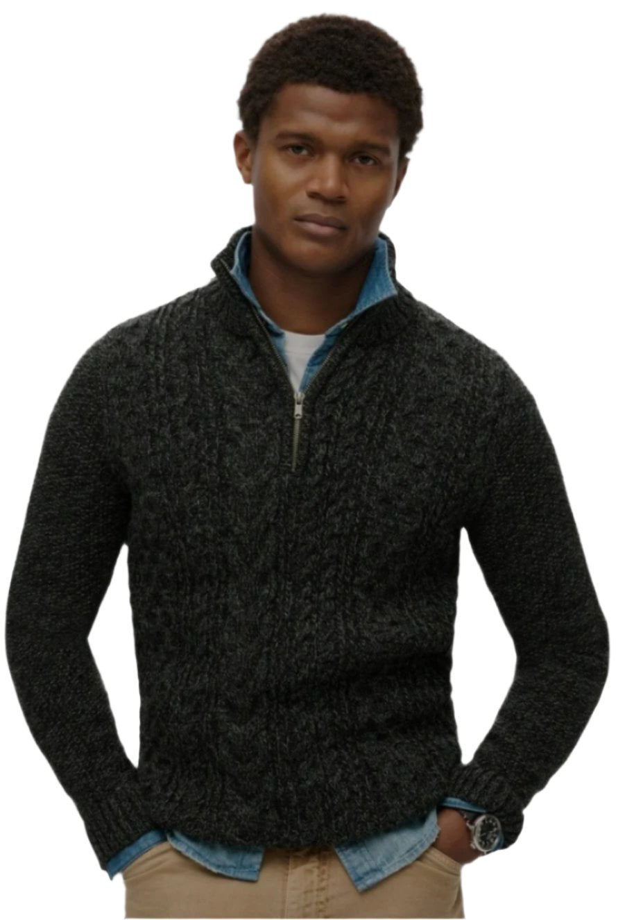 M6110639A - JACOB CABLE KNIT HALF ZIP - BLACK TWIST